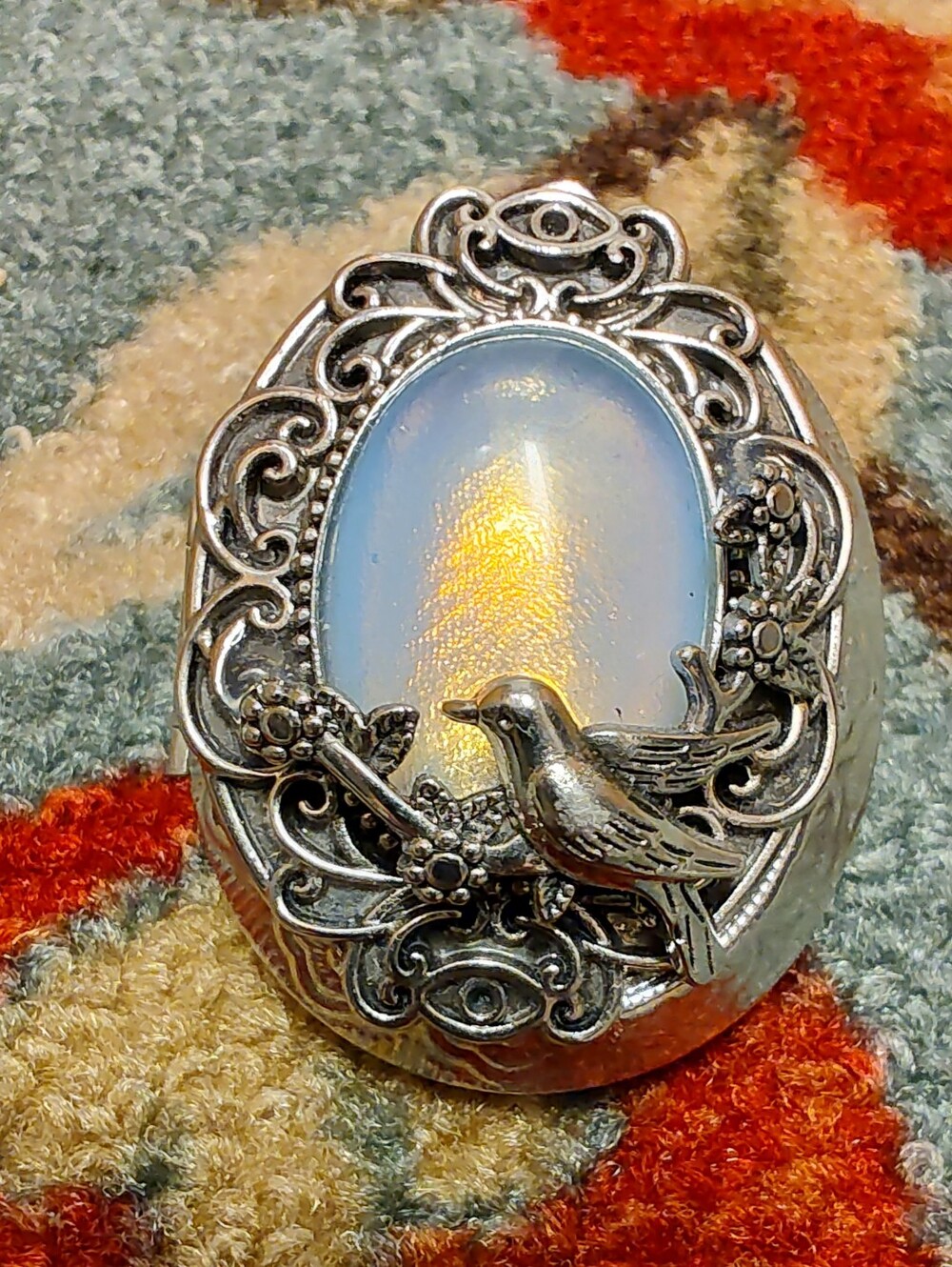 Faux Moonstone Picture Locket With Sweet Bird / Pendant